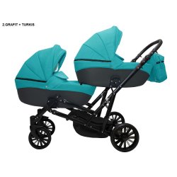 2 Бирюзовый Графитовый - Детская коляска для двойни RAY Ultra Duo 3 в 1